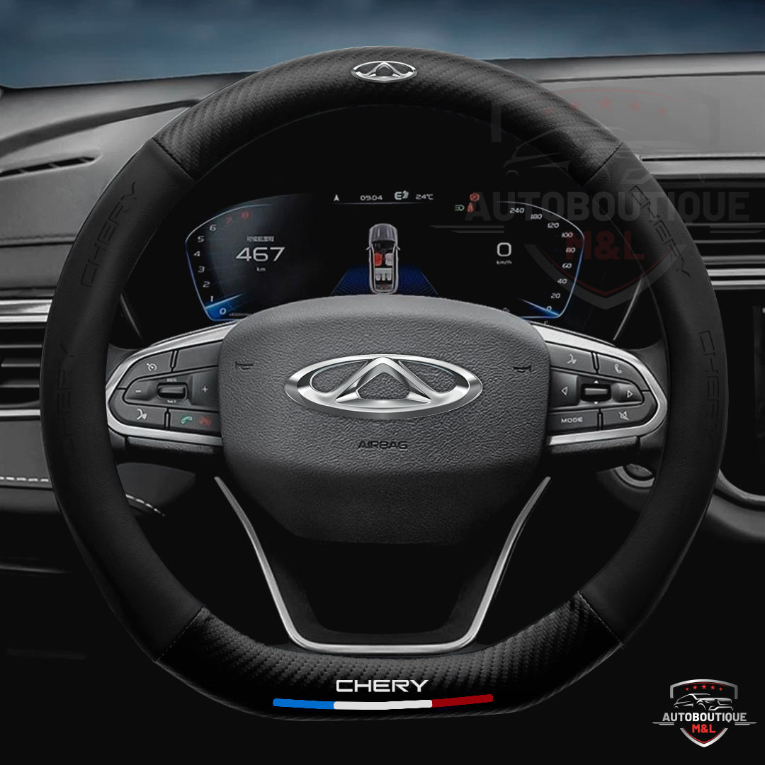 Forro de Timón 3d CHERY con logo labrado en alto relieve con aplicación de fibra de carbono, calidad PREMIUM pídelos con el logo de tu carro🚗