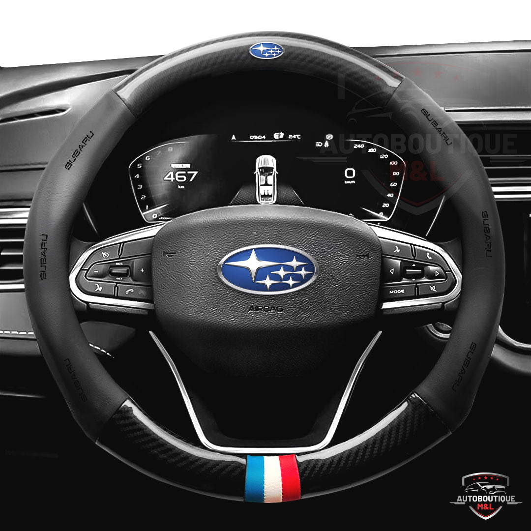 Forro de Timón 3d SUBARU con logo labrado en alto relieve con aplicación de fibra de carbono, calidad PREMIUM pídelos con el logo de tu carro🚗