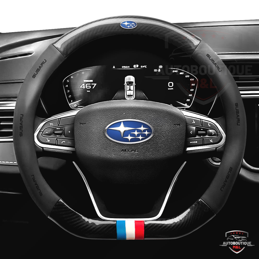 Forro de Timón 3d SUBARU con logo labrado en alto relieve con aplicación de fibra de carbono, calidad PREMIUM pídelos con el logo de tu carro🚗